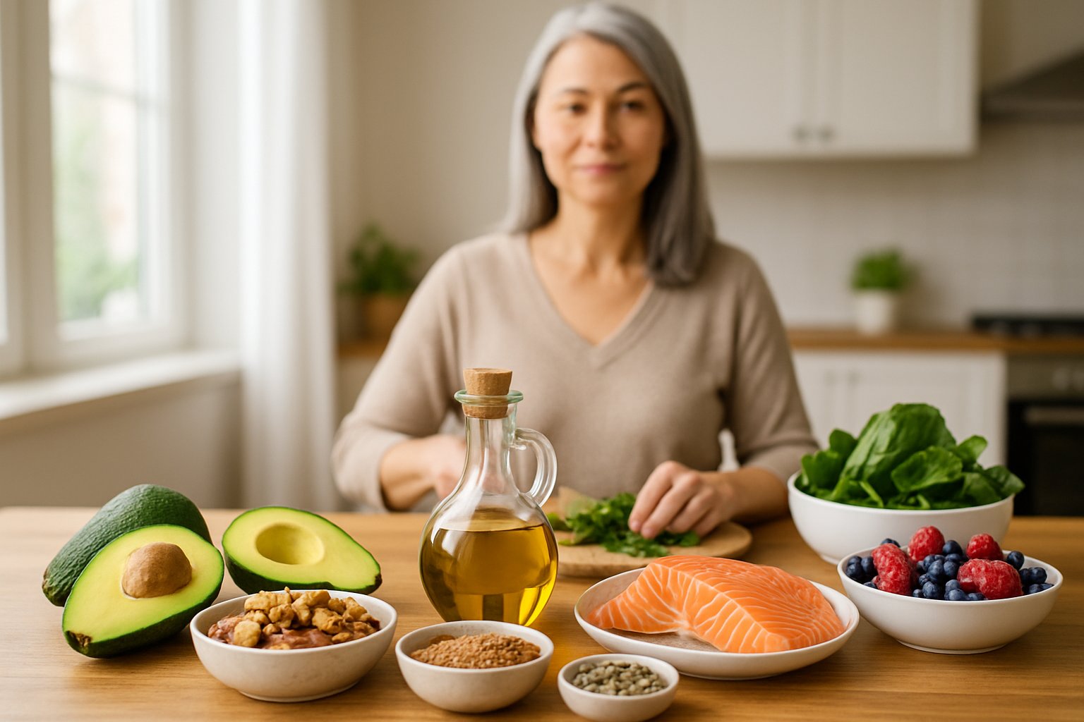 A middle-aged woman preparing a healthy meal in a kitchen with fresh foods like avocados, nuts, salmon, and leafy greens on the table.
