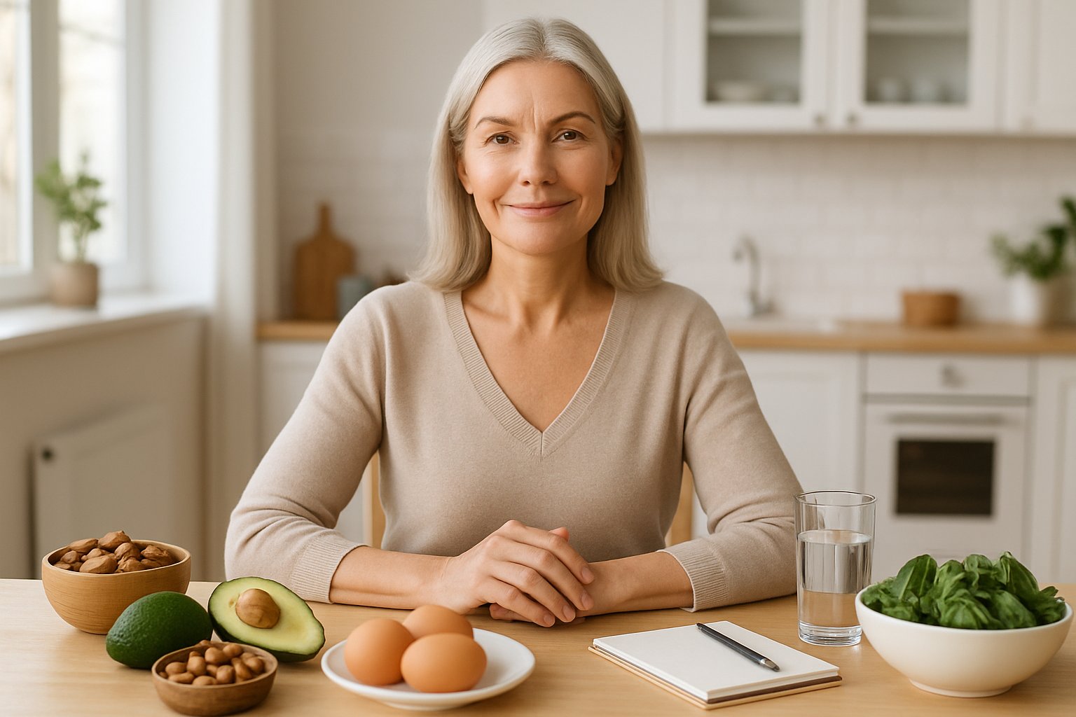 A middle-aged woman sitting at a kitchen table with fresh keto foods, smiling and looking healthy and balanced.