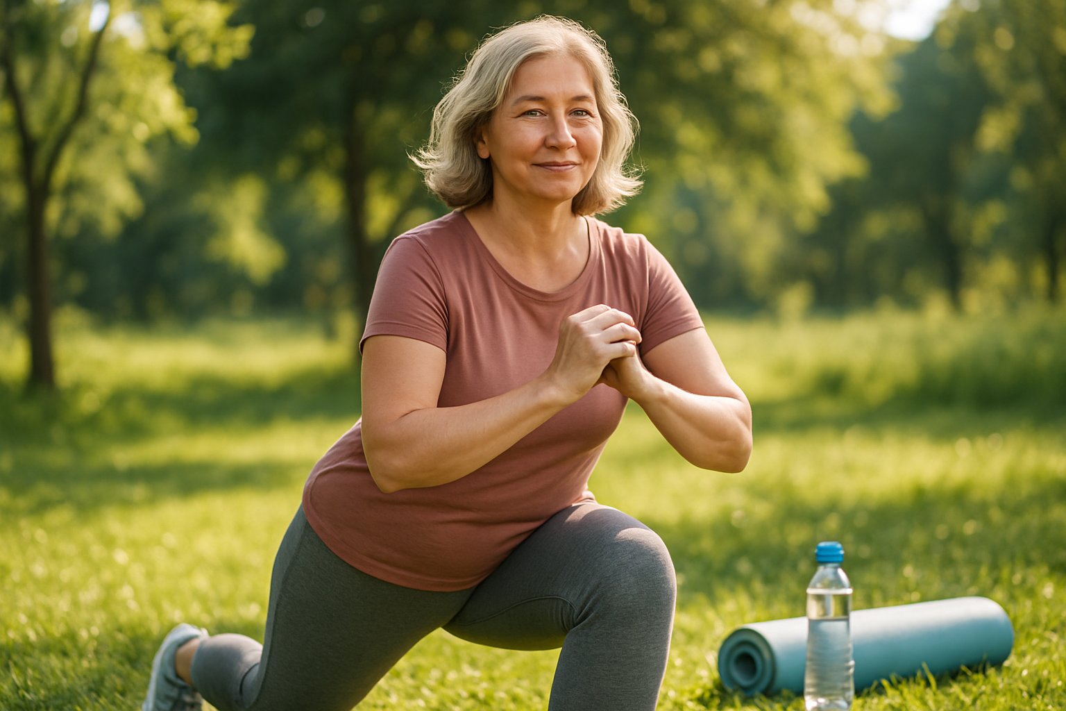 A middle-aged woman exercising outdoors in a park, smiling and looking healthy and balanced.