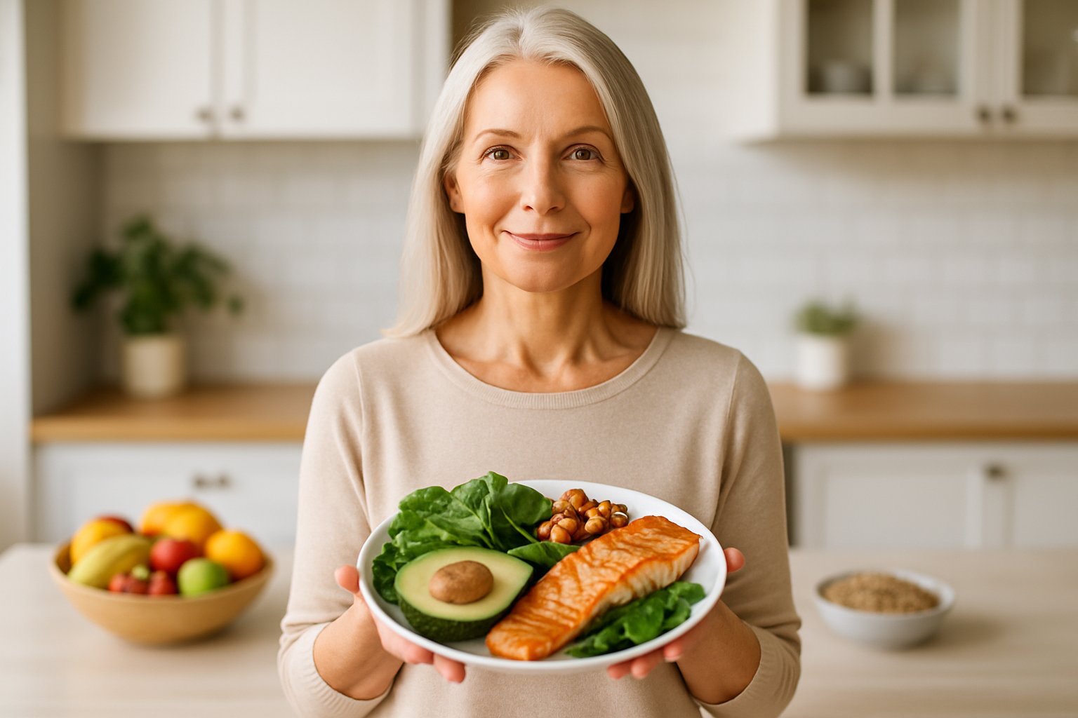 A middle-aged woman in a bright kitchen holding a plate of healthy keto foods, with other diet foods visible on the counter behind her.