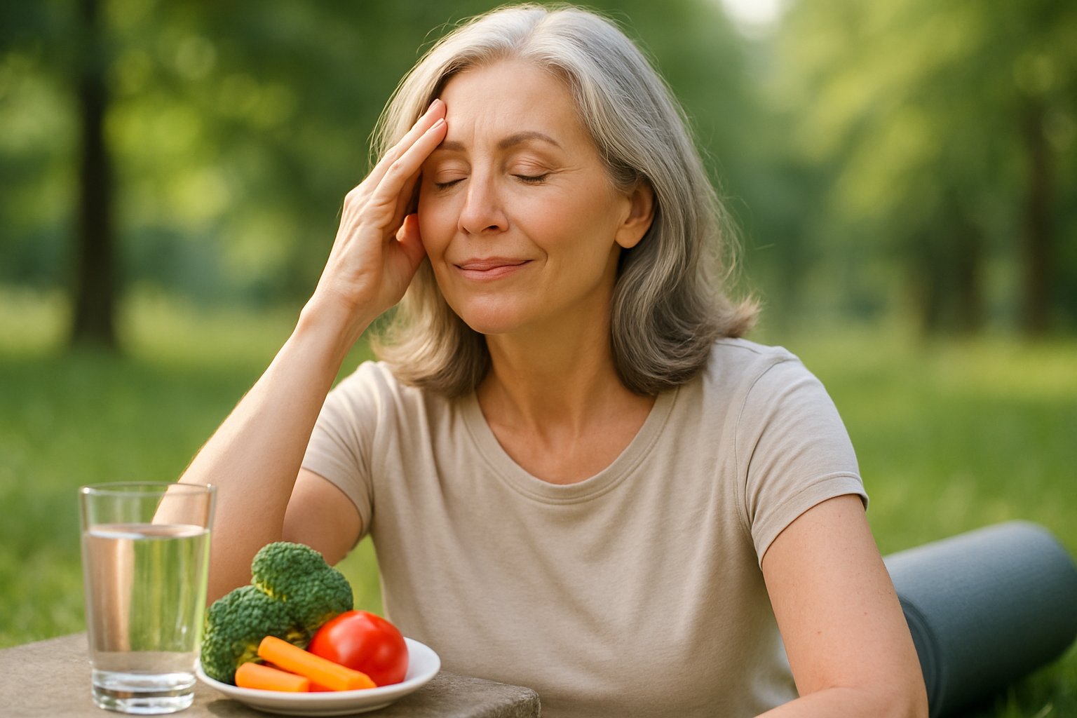 A middle-aged woman outdoors in soft sunlight, gently touching her forehead with a calm expression, surrounded by fresh vegetables and a yoga mat.