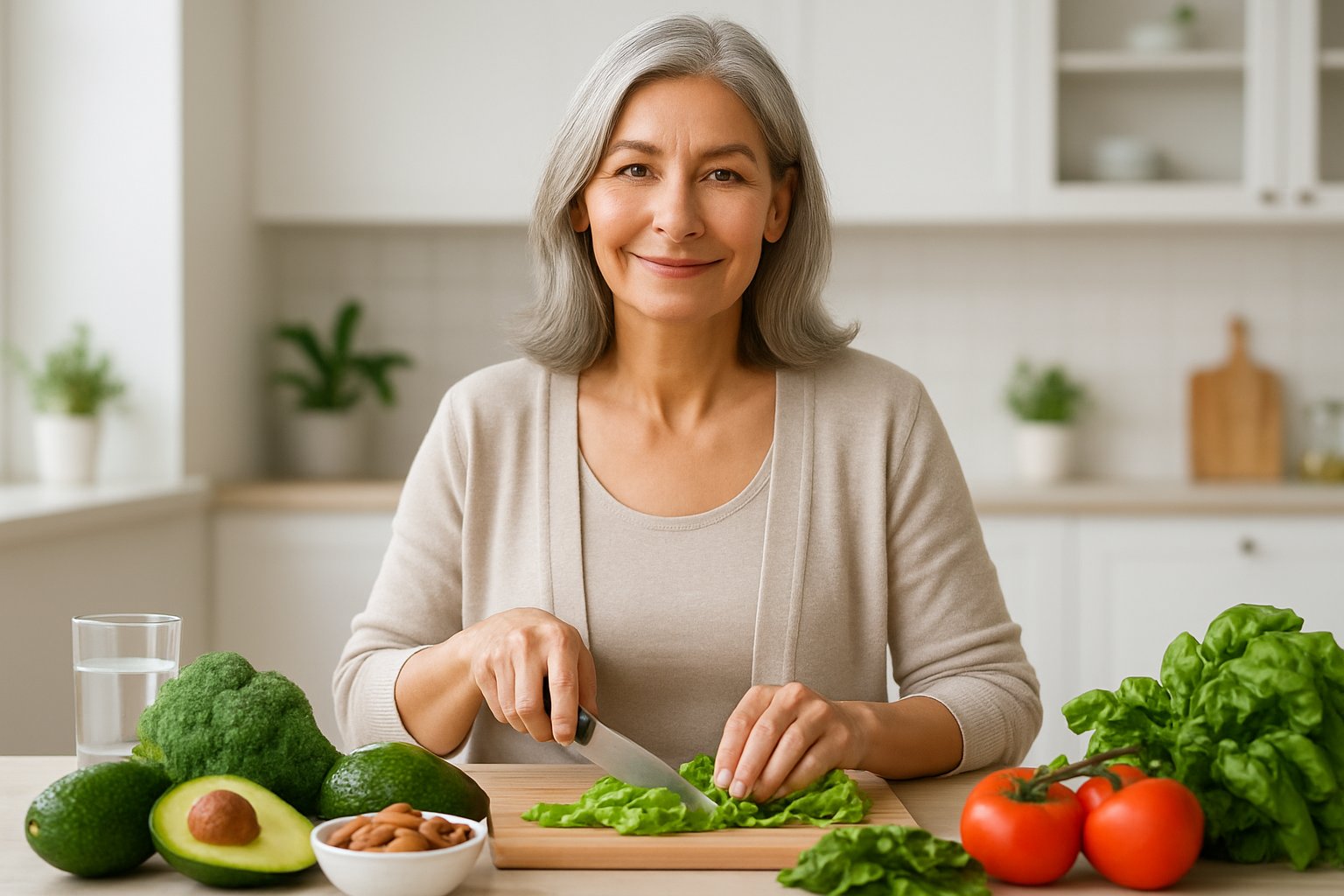 A middle-aged woman preparing a healthy meal in a bright kitchen, surrounded by fresh vegetables and looking calm and content.