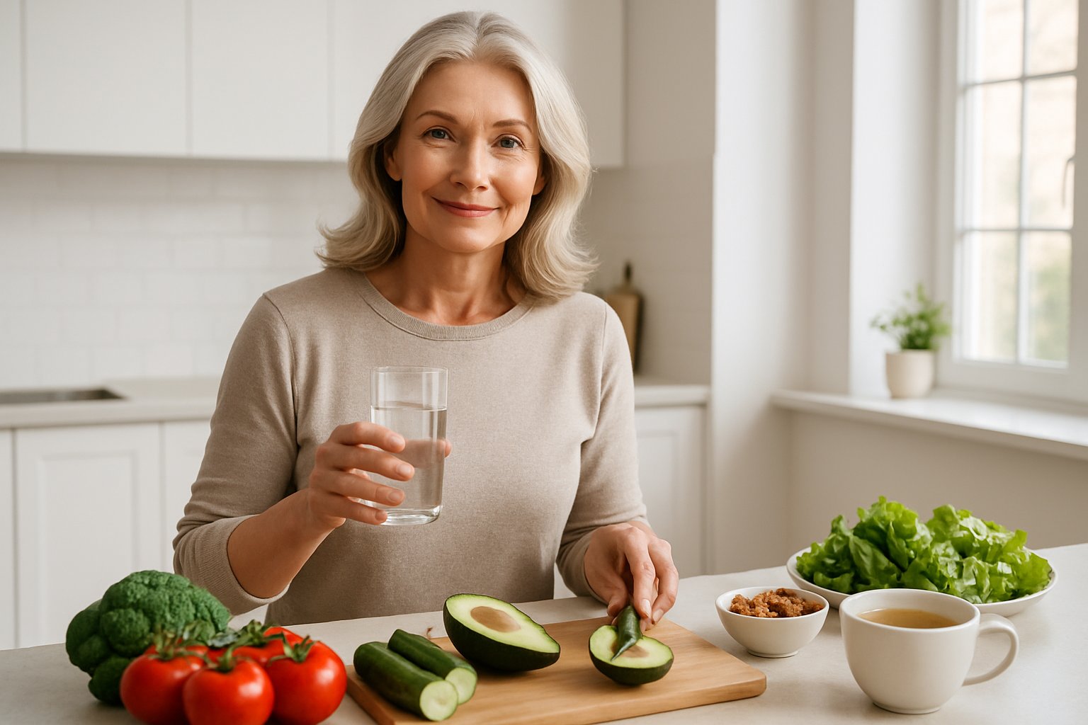 A middle-aged woman preparing a healthy meal in a bright kitchen, smiling and holding a glass of water.