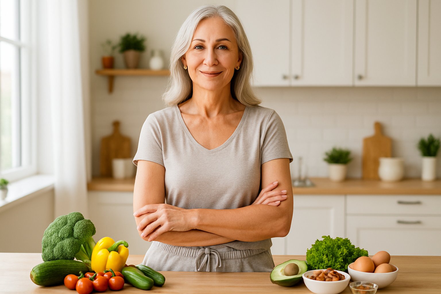 A middle-aged woman standing in a bright kitchen with fresh vegetables, looking healthy and calm.