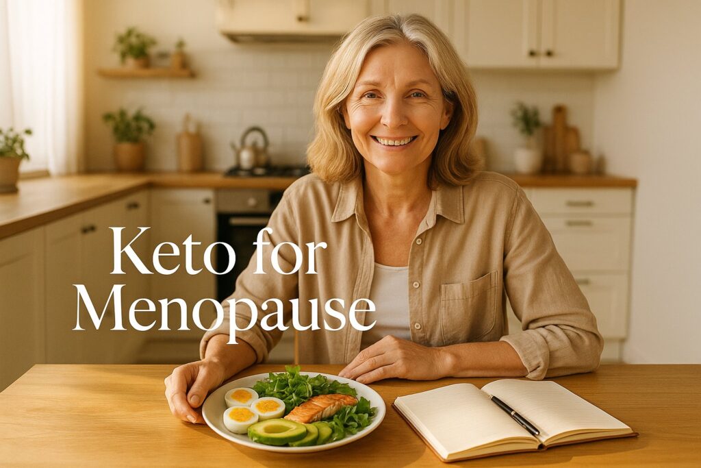 A bright, warm-toned image of a happy woman in her mid-50s in a kitchen with a plate of keto foods (avocado, eggs, salmon, leafy greens) and a journal beside her. Overlay text: “Keto for Menopause”.