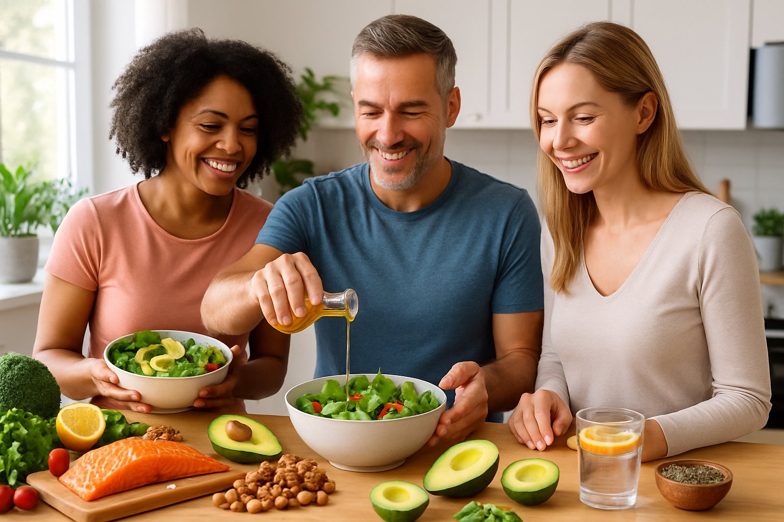 Three adults preparing a fresh meal with avocados, nuts, and salmon in a bright kitchen filled with natural light. showing keto and hormones on how keto diet supports hormone balance.