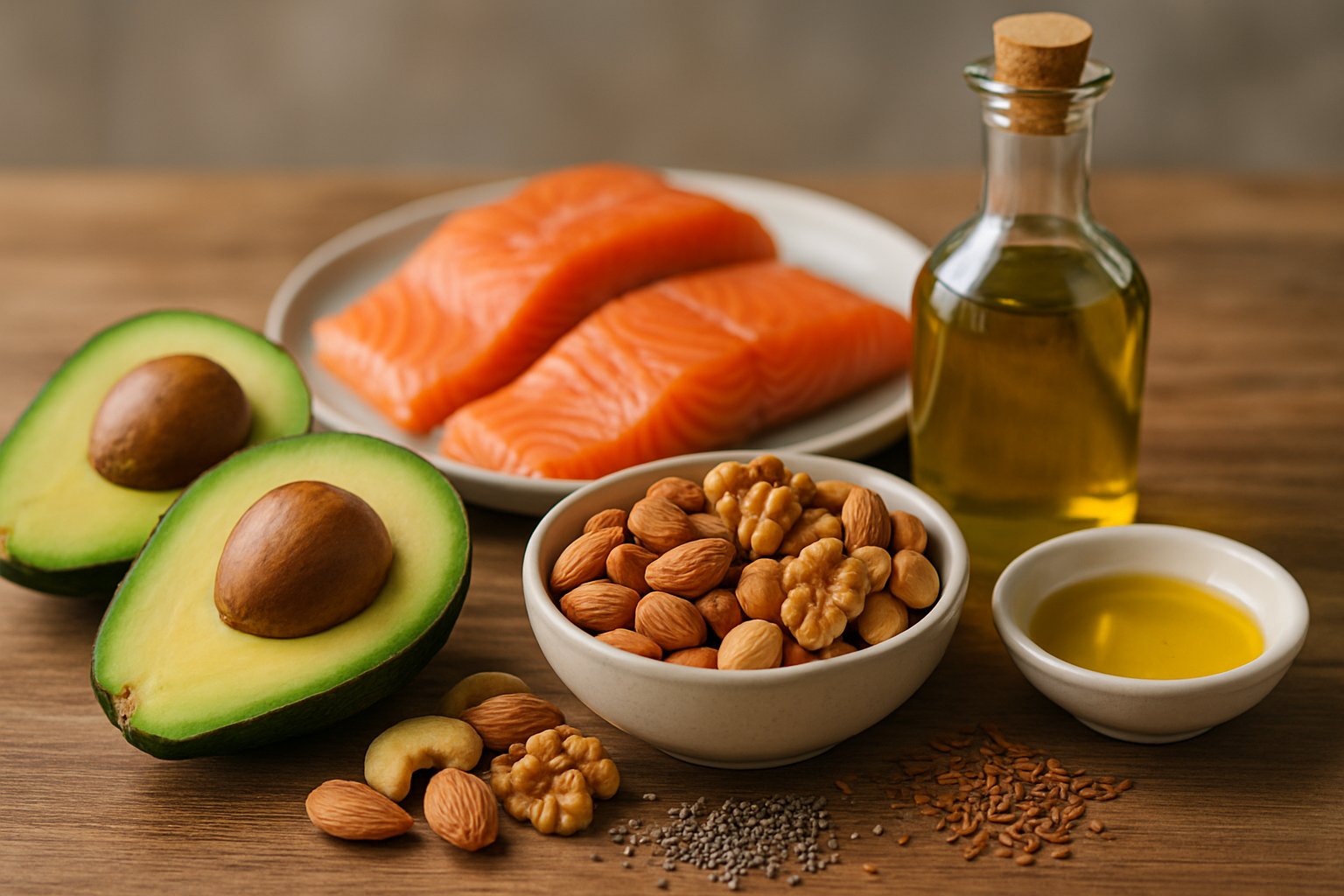 A wooden table displaying fresh avocados, salmon fillets, mixed nuts, olive oil, and seeds arranged together.