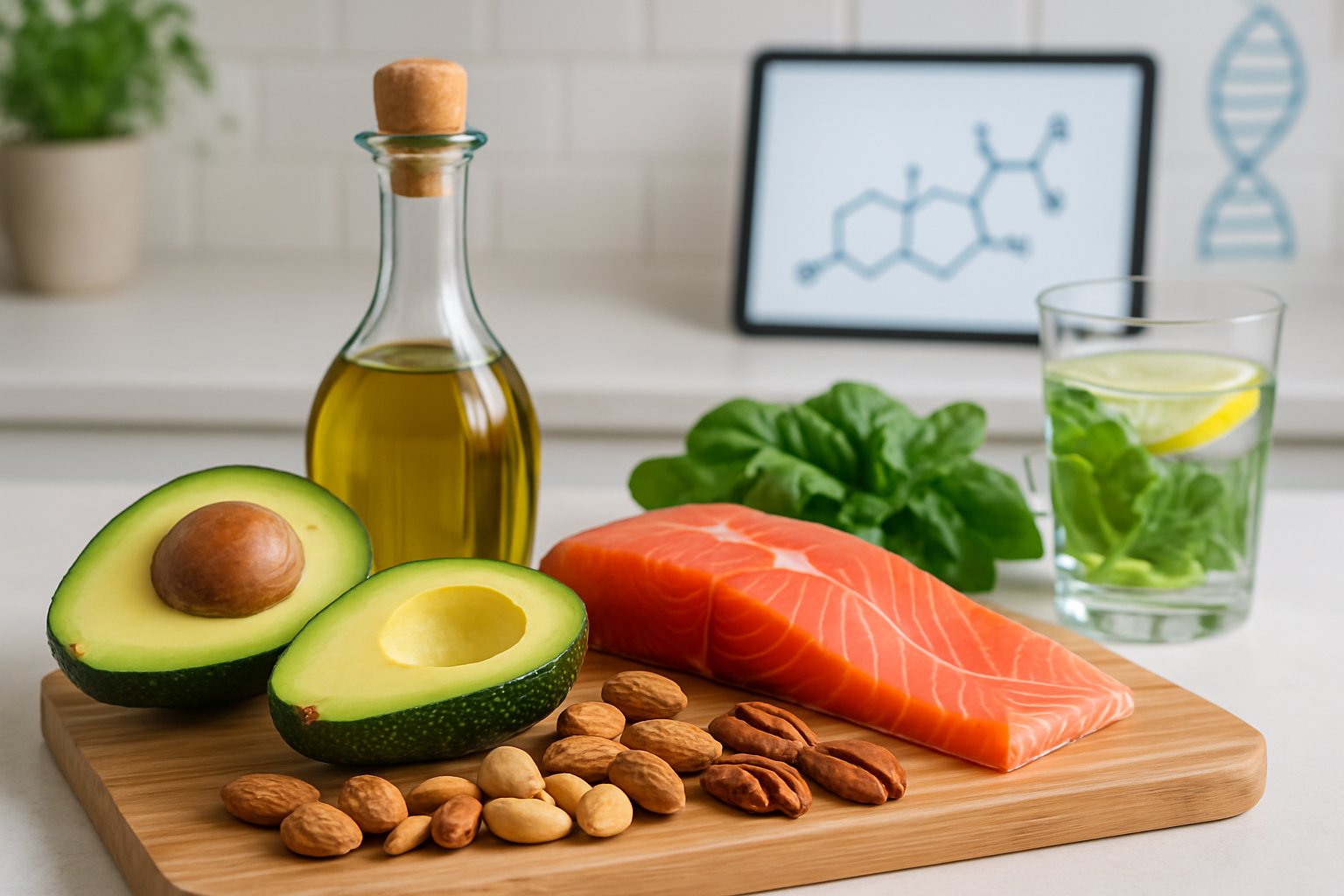 A kitchen scene with avocado, nuts, olive oil, salmon, leafy greens, and a glass of water on a wooden board, with a subtle scientific illustration in the background.