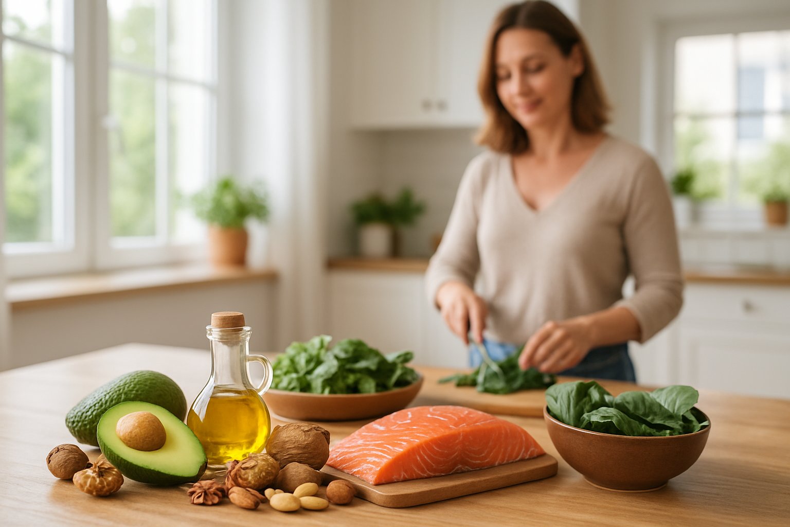 A woman preparing a healthy meal in a bright kitchen with fresh avocados, nuts, olive oil, salmon, and leafy greens on the countertop.