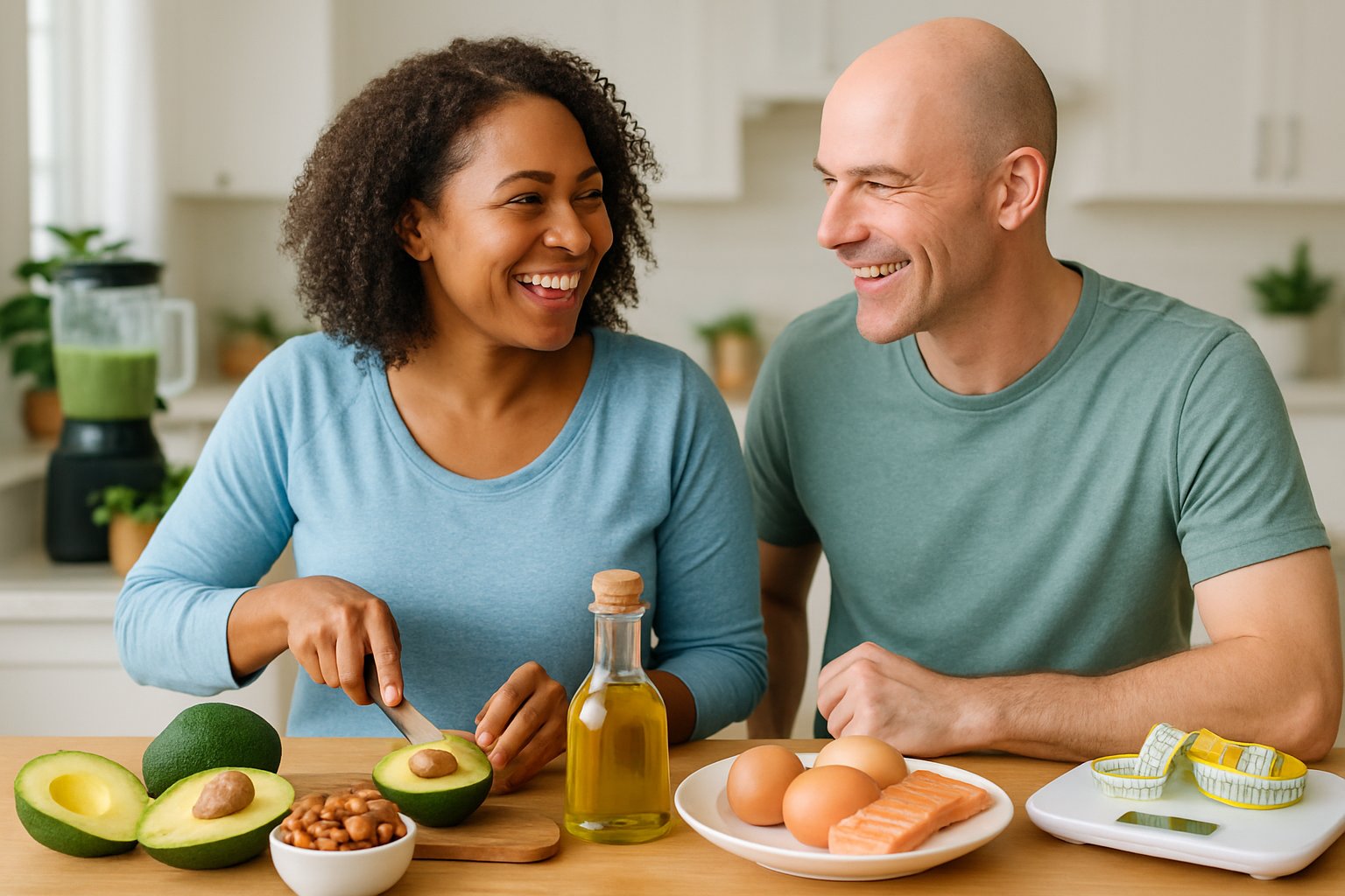A diverse group preparing a healthy meal with fresh ingredients like avocado, nuts, and salmon in a bright kitchen, symbolizing weight management and hormone health.