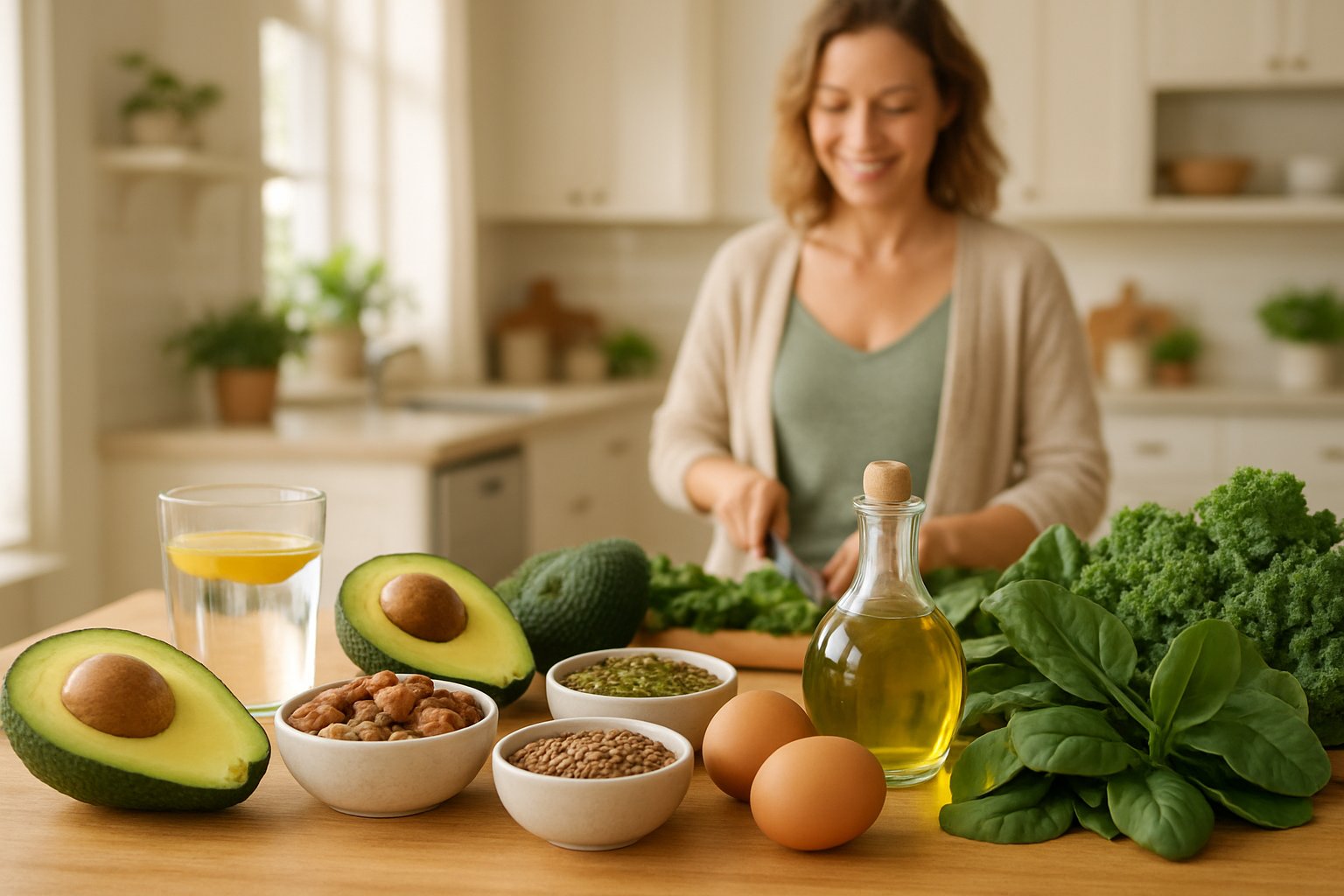 A woman preparing a meal in a kitchen with healthy keto foods like avocados, nuts, eggs, and leafy greens on the table.