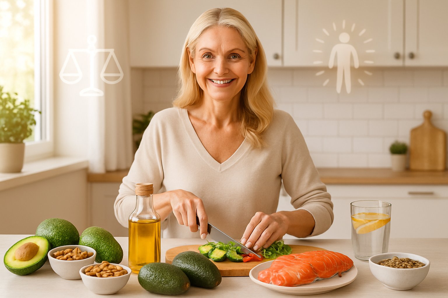 A woman preparing a healthy meal with avocados, nuts, olive oil, and salmon in a bright kitchen, surrounded by fresh ingredients symbolizing balance and vitality.