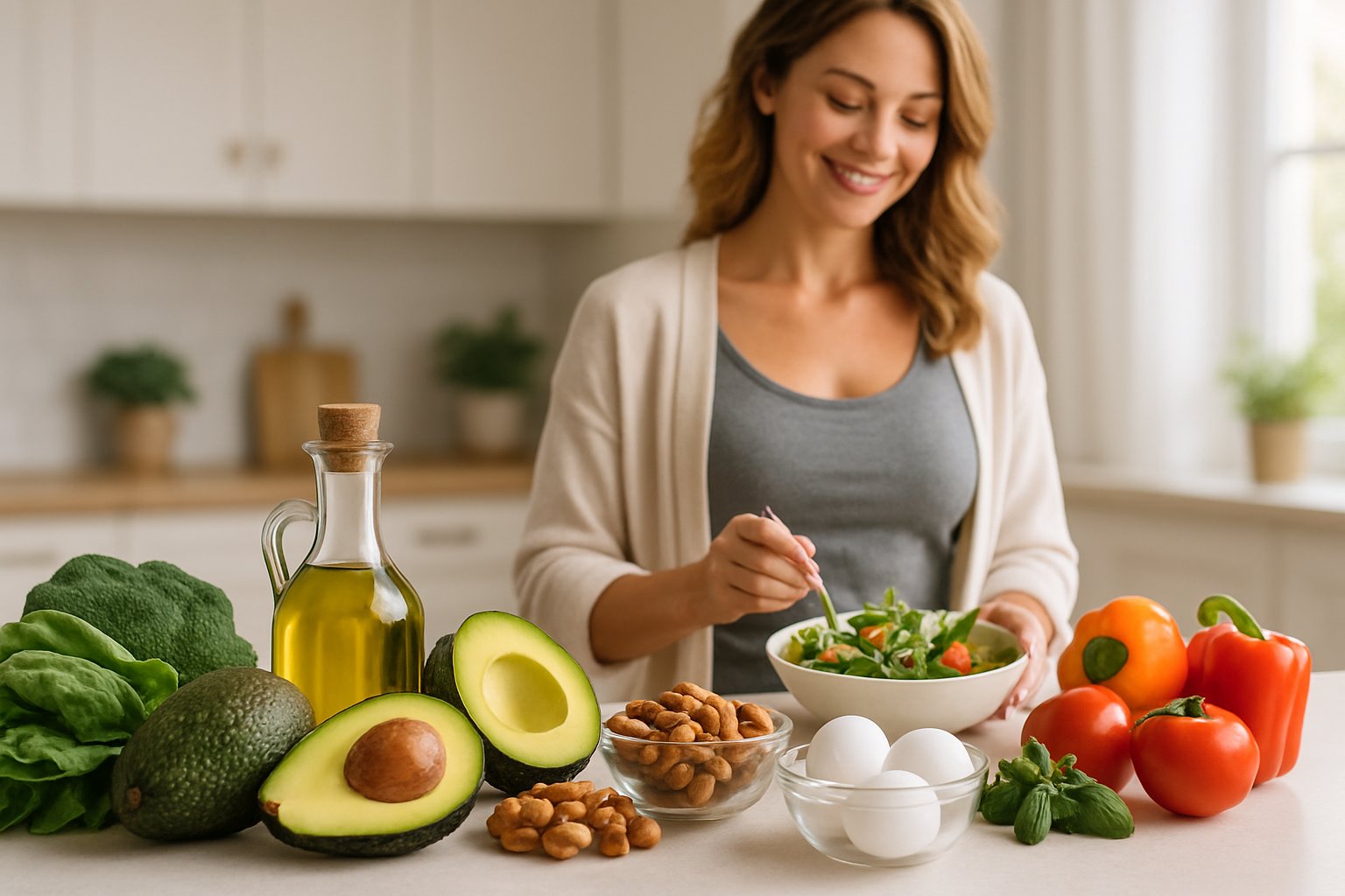 A woman preparing a healthy meal with avocados, nuts, olive oil, eggs, and fresh vegetables on a kitchen countertop.