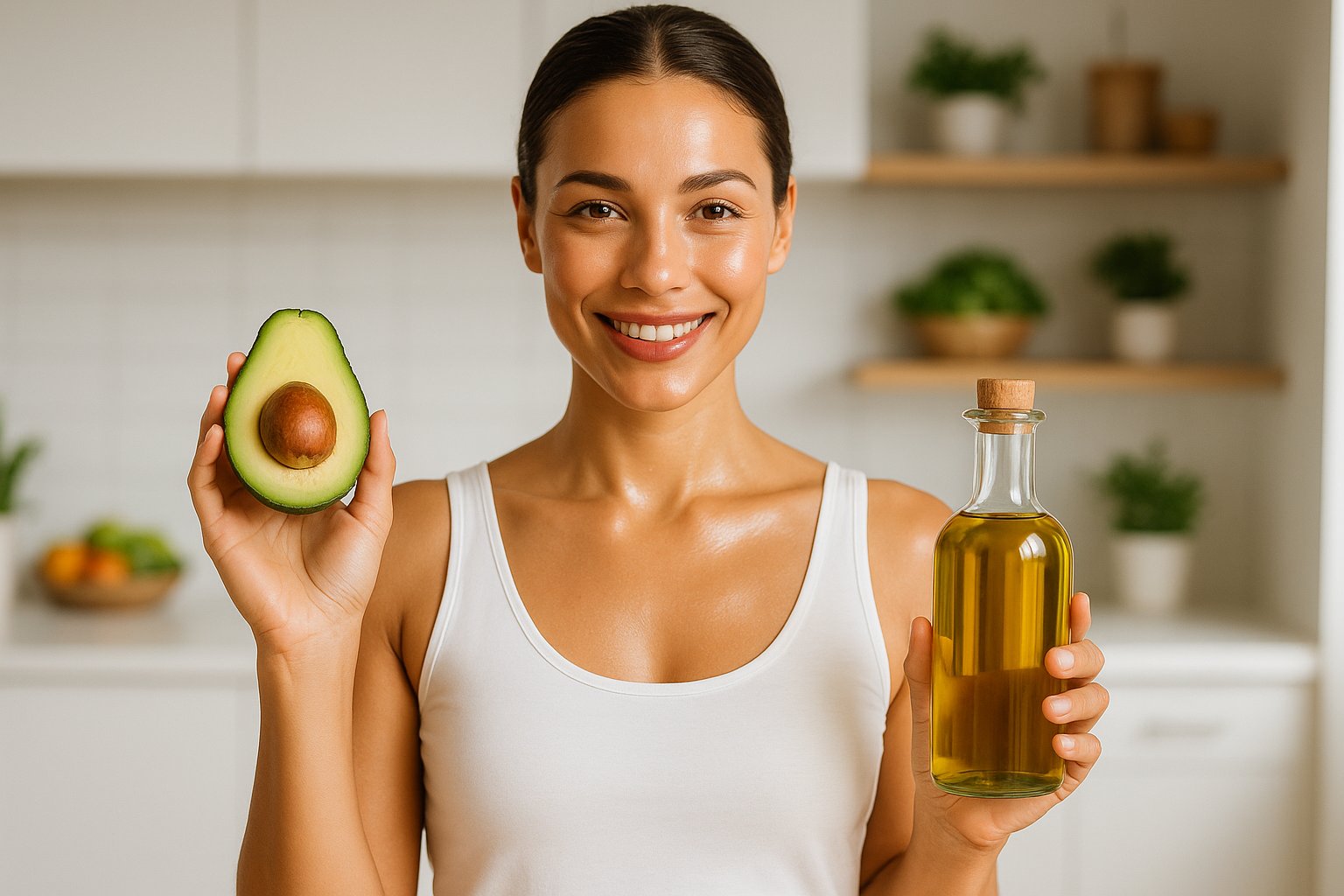 A woman holding avocado and olive oil, glowing skin and confidence; clean kitchen background; healthy lifestyle aesthetic.
