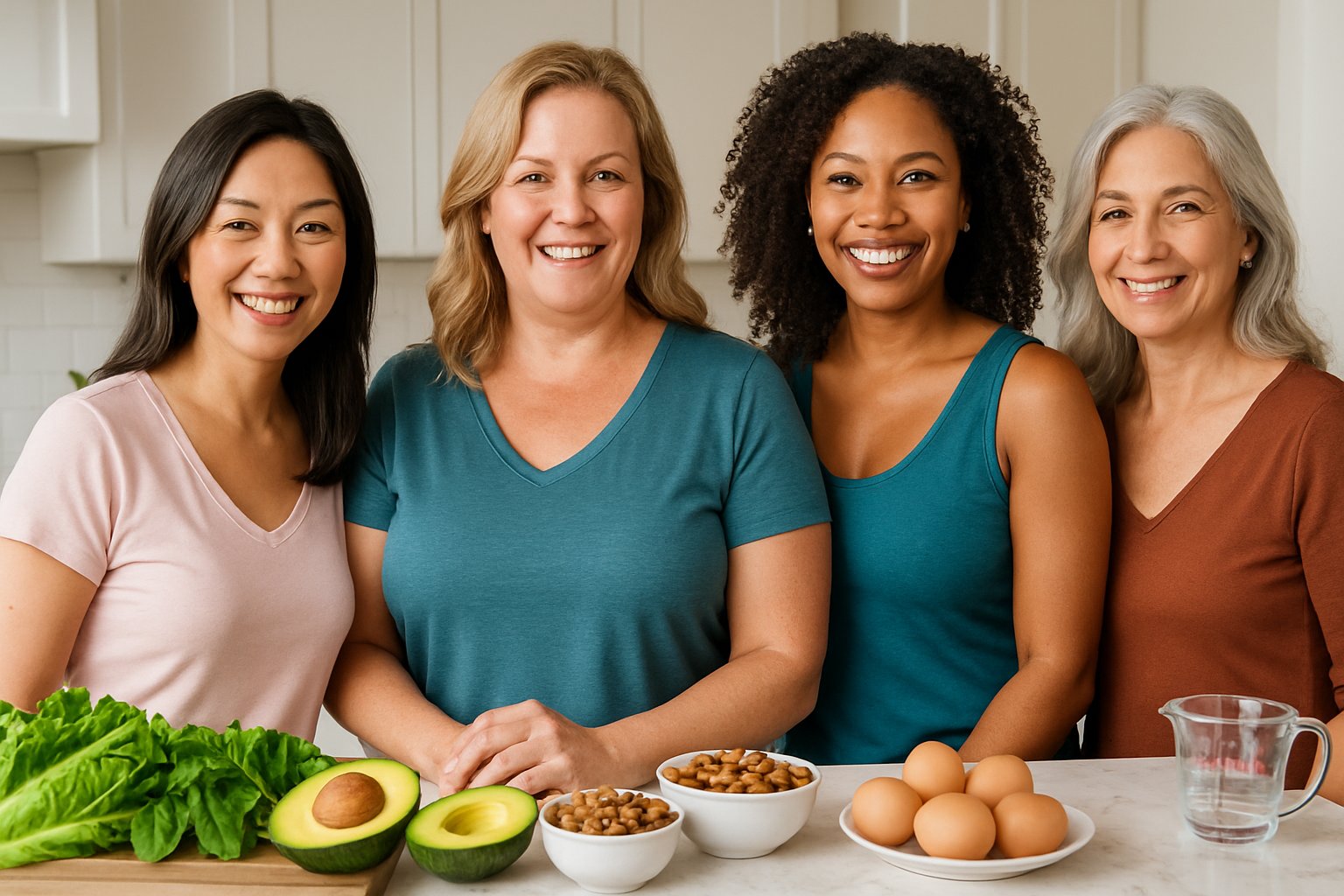 A group of diverse women smiling together in a kitchen with fresh healthy foods on the counter.
