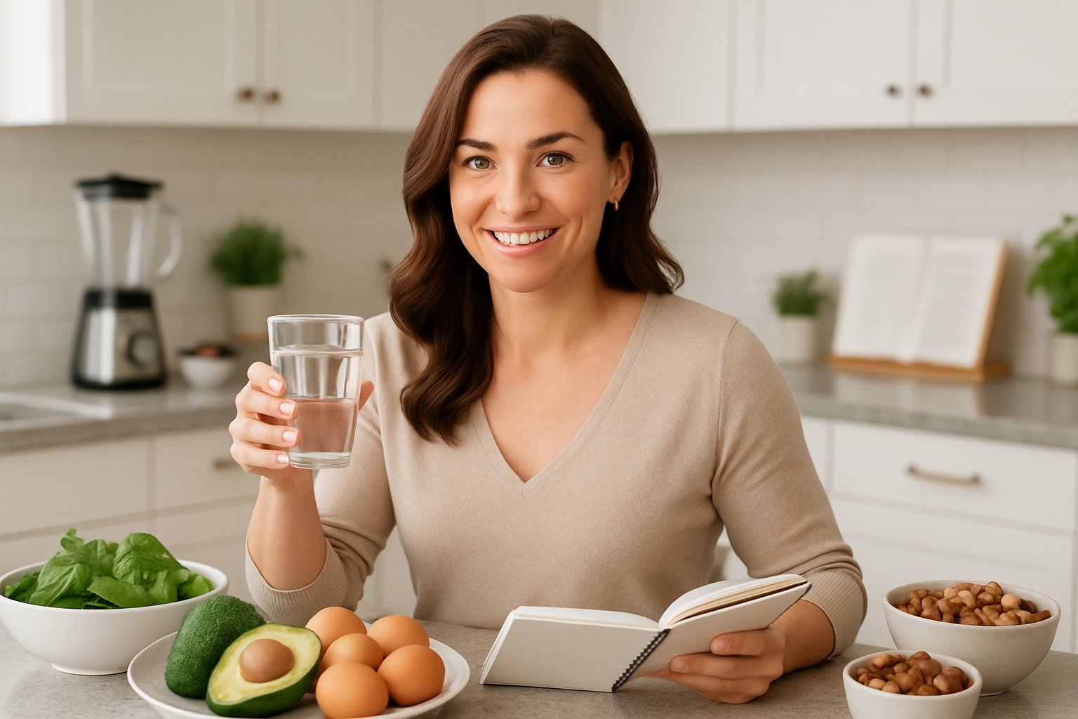 A smiling woman sitting at a kitchen counter with fresh keto foods, holding a glass of water and a notebook.