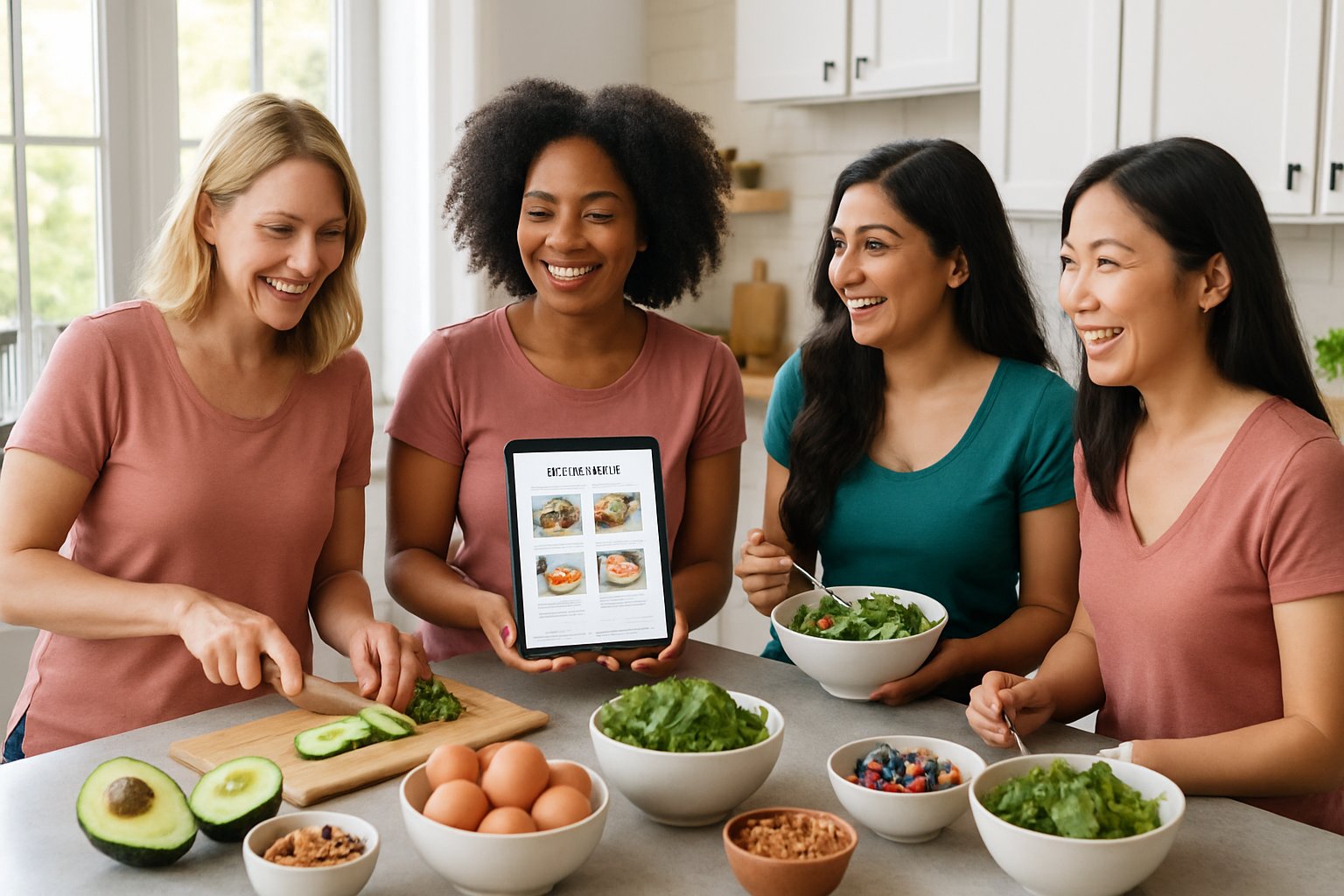 A group of women preparing and enjoying healthy keto meals together in a bright kitchen.