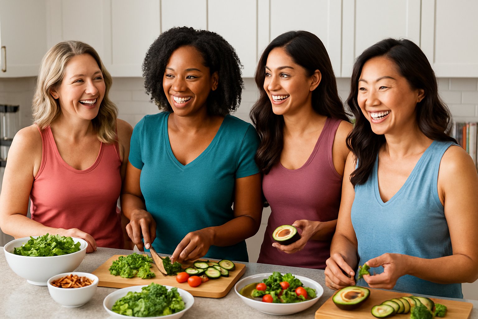 A group of diverse women smiling and preparing healthy food together in a modern kitchen.