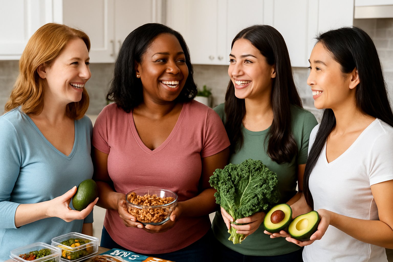 A group of diverse women smiling and talking together in a bright kitchen about keto for PCOS success stories with fresh vegetables and meal prep containers.