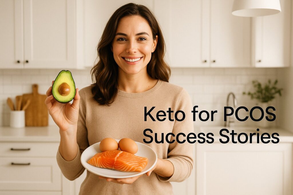 A confident woman in her 20s–40s standing in a bright kitchen, holding healthy keto foods like avocado, salmon, eggs. Soft natural lighting, warm energetic tone. Text overlay optional: ‘Keto for PCOS Success Stories’. Style: modern, clean, wellness-themed, high-resolution, professional blog hero image.