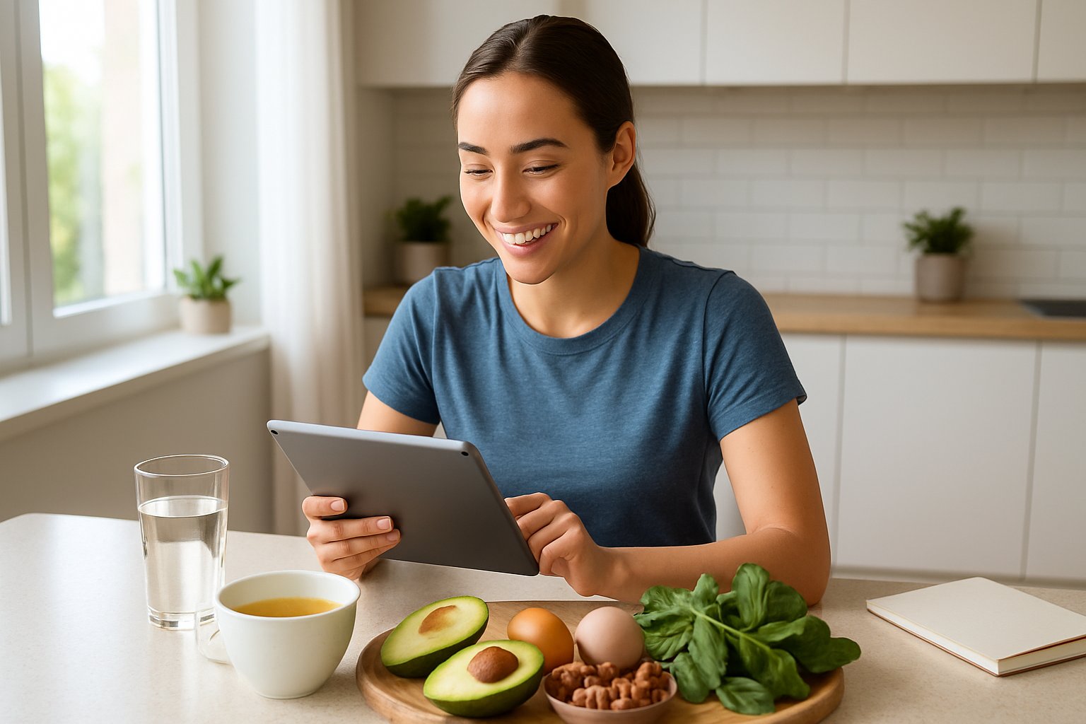 A smiling person at a kitchen counter with fresh keto-friendly foods, holding a tablet and appearing focused and energized, reading about keto energy hacks.