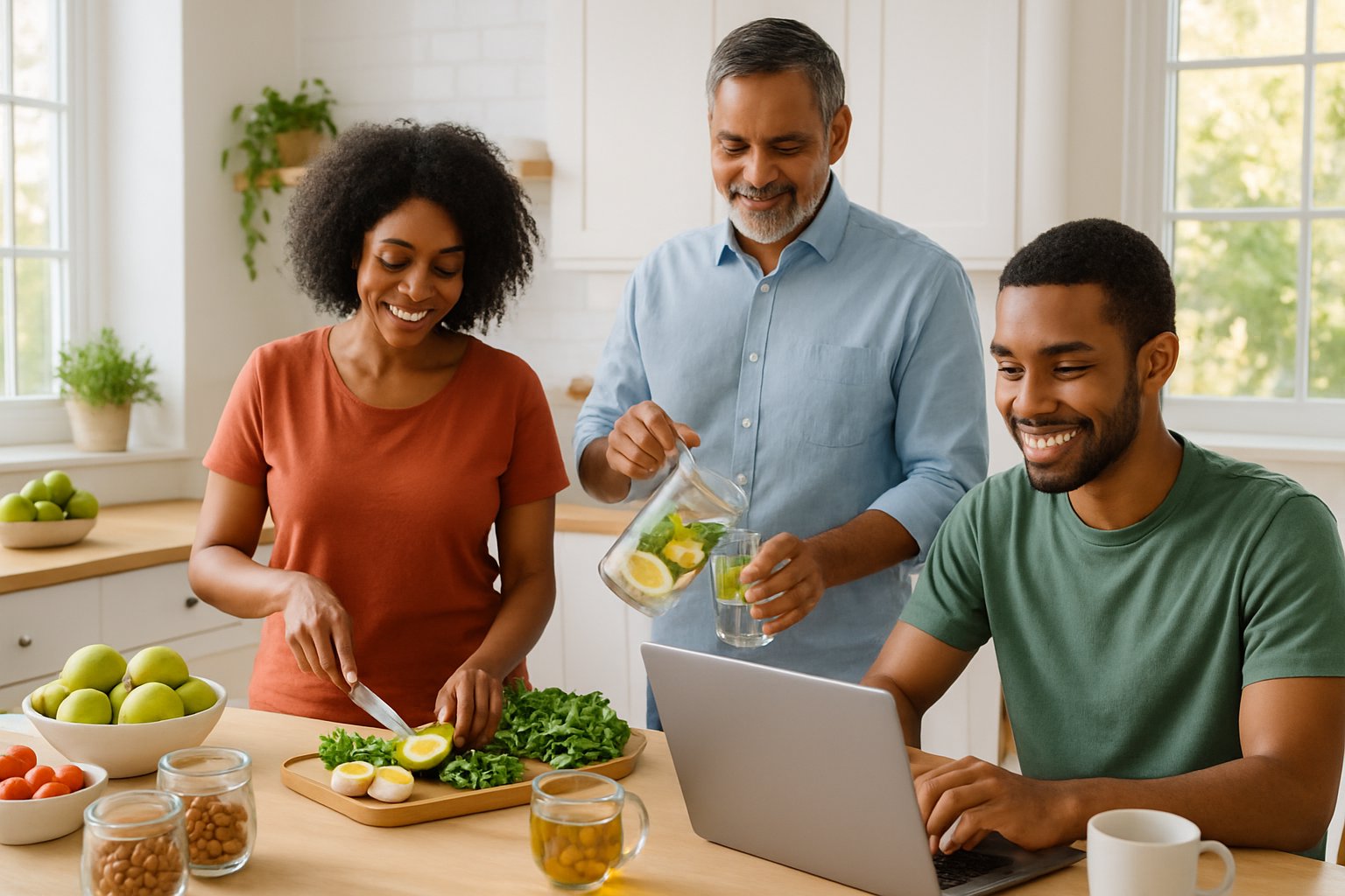 Three adults in a kitchen preparing healthy food and drinks, with one person working on a laptop, all appearing energetic and focused.