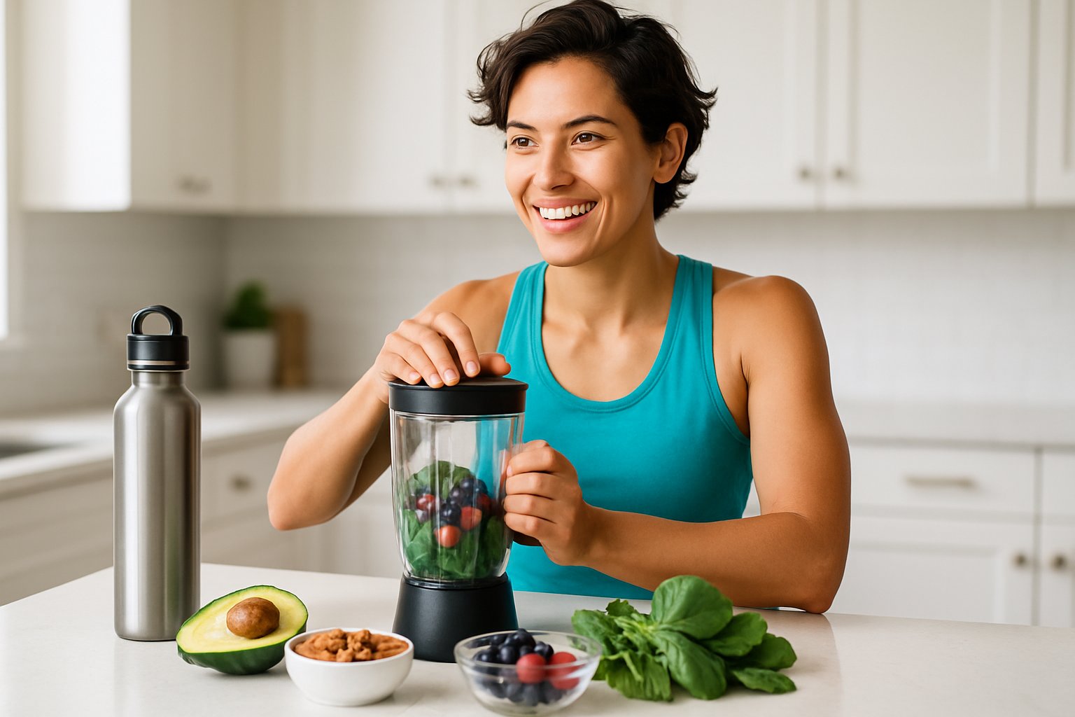 A young adult preparing a healthy smoothie with fresh ingredients in a bright kitchen, looking focused and energetic.