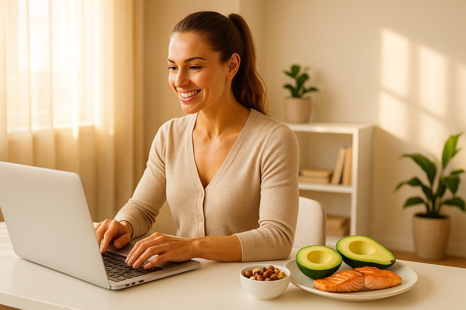 A woman working at a laptop with a clean ketogenic meal beside her (avocado, salmon, nuts), sunlight in the room, energized expression. Professional health/wellness aesthetic, high resolution, warm tones, modern clean style.