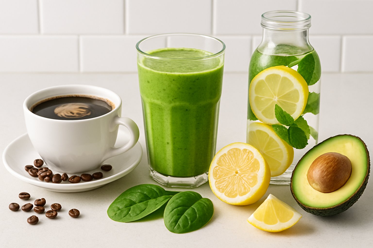 A kitchen countertop with keto drinks for energy including coffee, a green smoothie, and infused water surrounded by fresh ingredients.