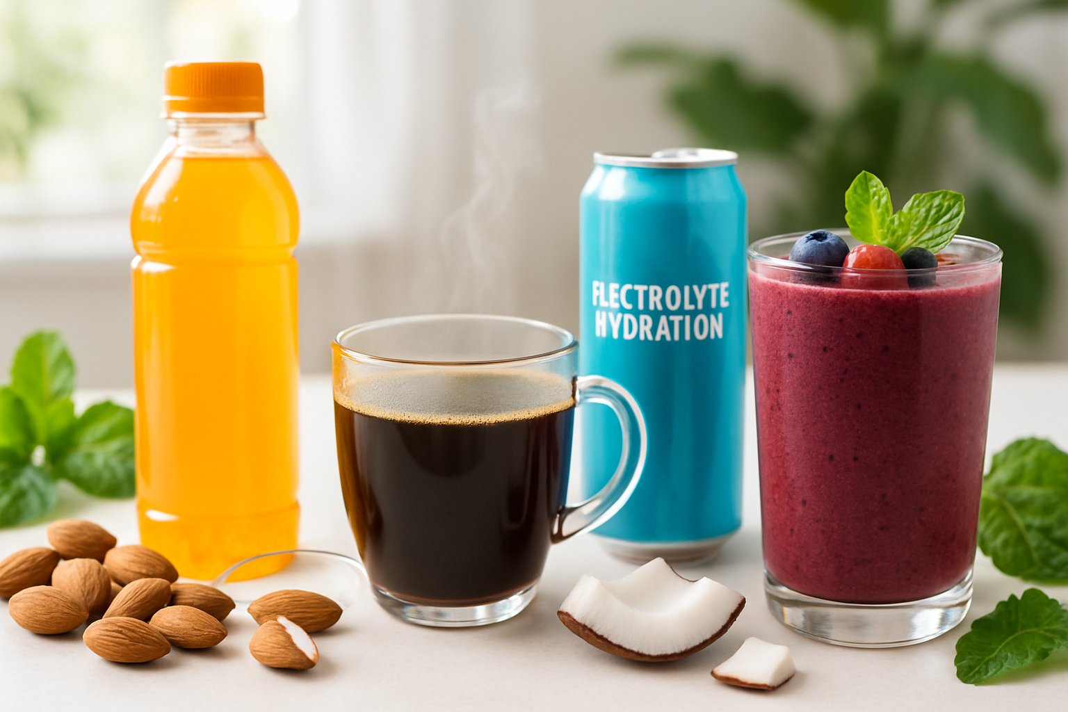 A selection of keto energy drinks, a steaming cup of coffee, and a colorful power smoothie on a white surface with fresh ingredients around them.