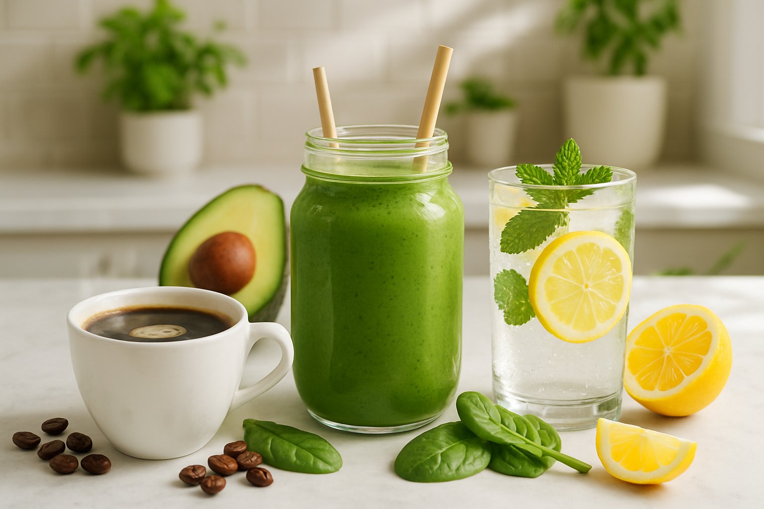 A kitchen counter displaying a cup of coffee, a green smoothie, and a glass of lemon-infused sparkling water surrounded by fresh ingredients like avocado, spinach, and lemon slices.