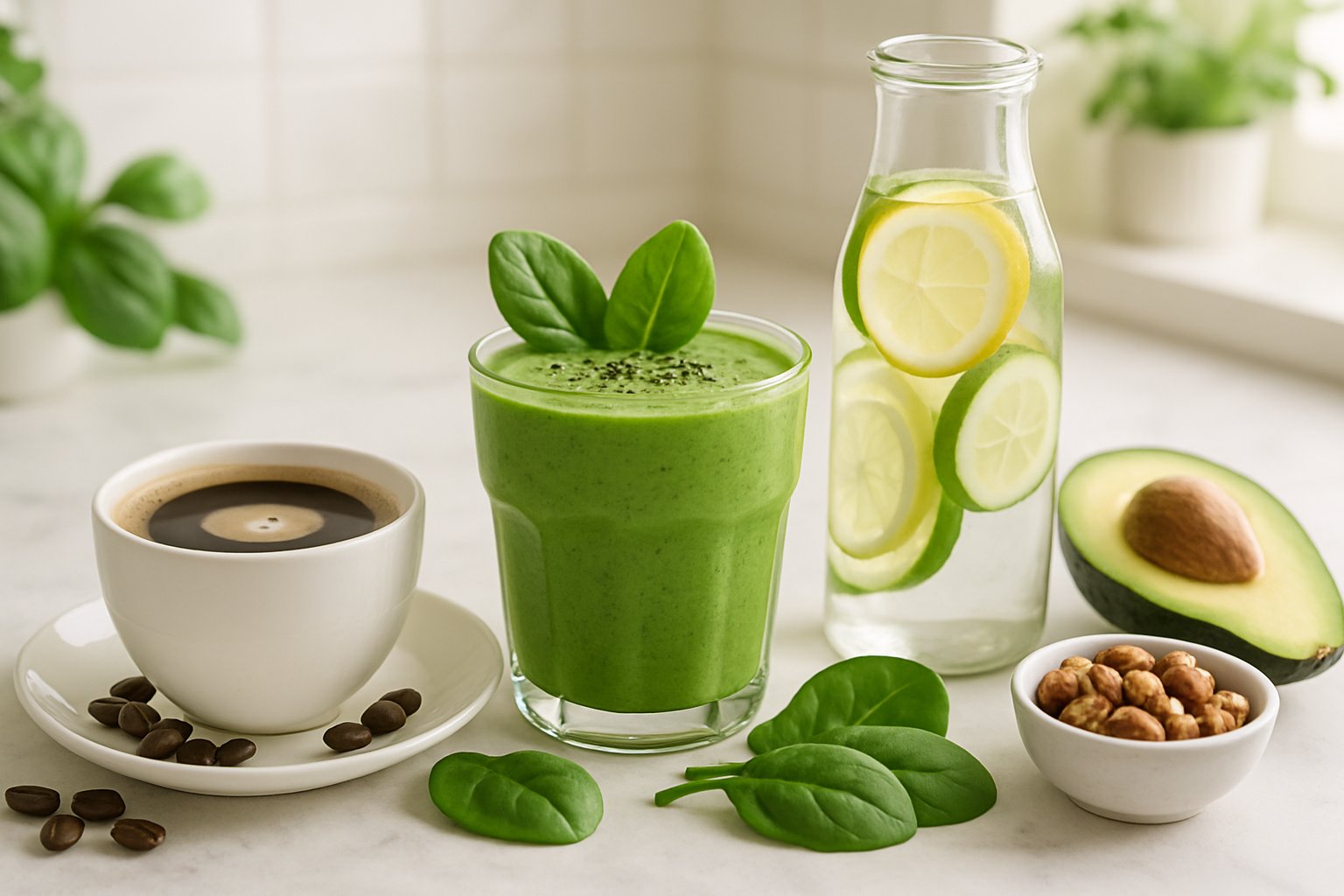A kitchen countertop with a cup of coffee, a green smoothie, and a bottle of infused water surrounded by fresh ingredients like spinach, avocado, and nuts.