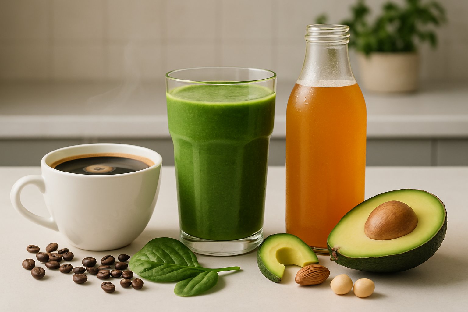 A kitchen countertop with a cup of coffee, a green smoothie, and a bottle of keto energy drink surrounded by fresh ingredients like spinach, avocado, and coffee beans.