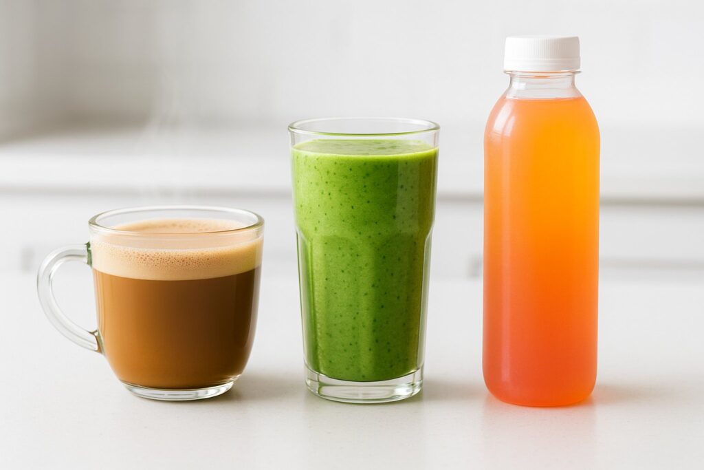 A keto-friendly drink trio on a clean white countertop: bulletproof coffee, green keto smoothie, and electrolyte drink with vibrant colors. Modern, bright, health-focused aesthetic.