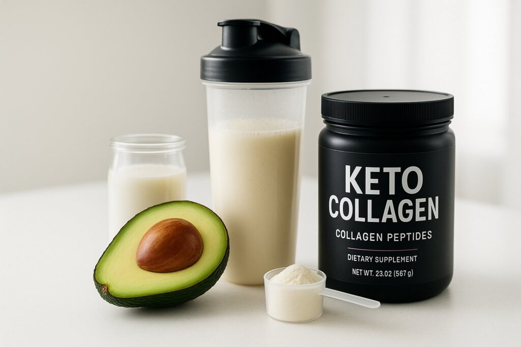A clean, bright photo of keto collagen powder, a shaker bottle, and vibrant ingredients like avocado and coconut milk. Aesthetic: modern, minimal, health-focused.