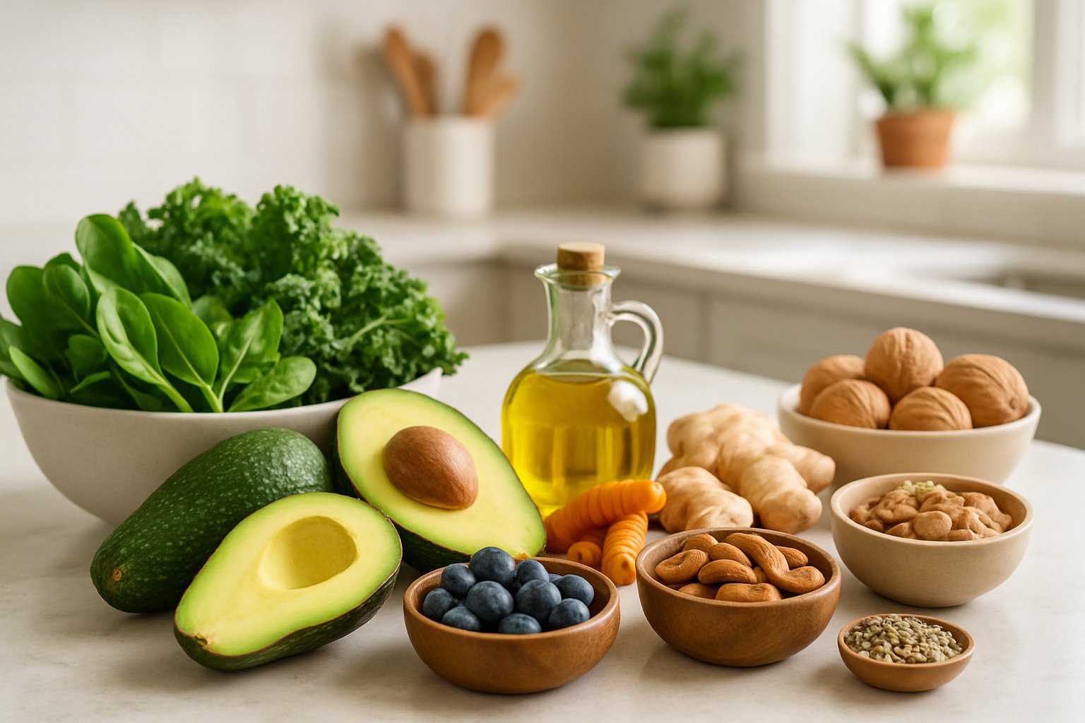 A kitchen countertop with fresh anti-inflammatory keto foods including avocados, leafy greens, turmeric, ginger, blueberries, nuts, olive oil, and seeds.