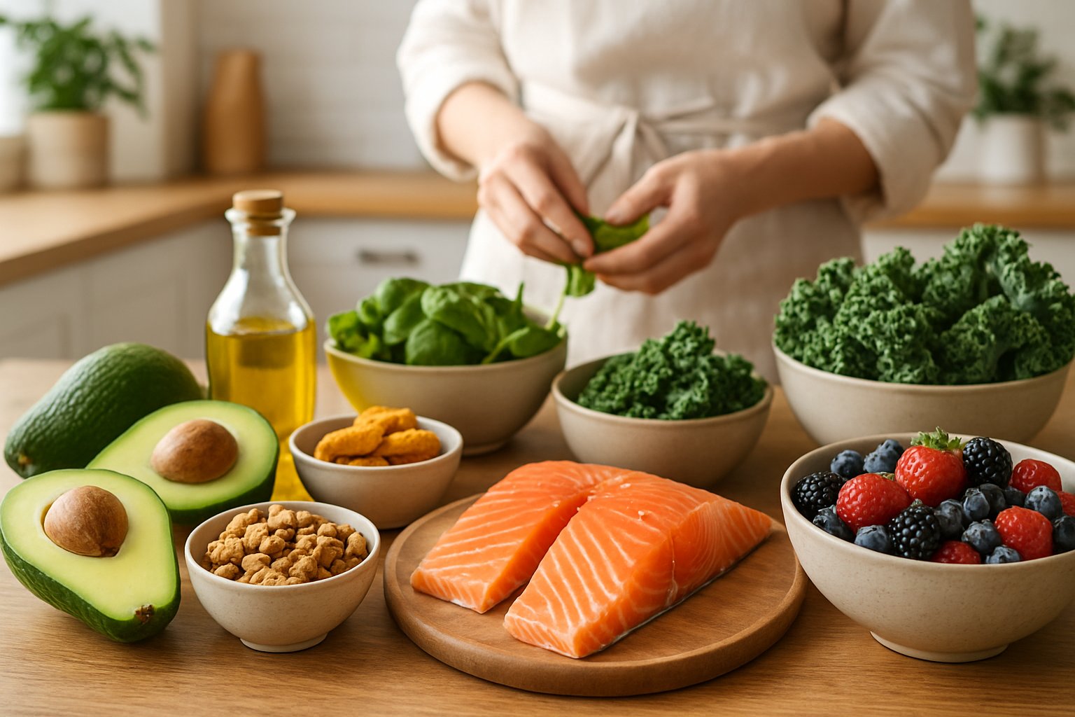 A kitchen table with fresh keto-friendly foods like avocado, walnuts, olive oil, leafy greens, turmeric, salmon, and berries, with a person preparing a meal in the background.