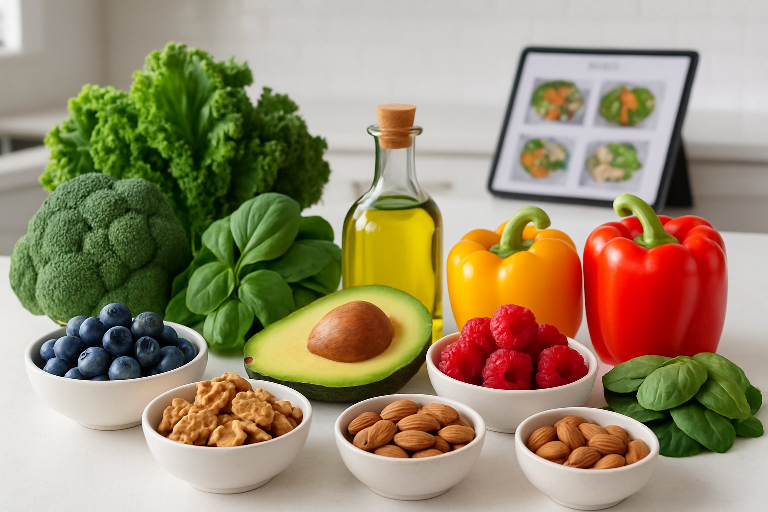 Showing keto for inflammation recovery, a kitchen countertop with fresh vegetables, berries, nuts, avocados, and olive oil arranged neatly, suggesting healthy anti-inflammatory foods for recovery.