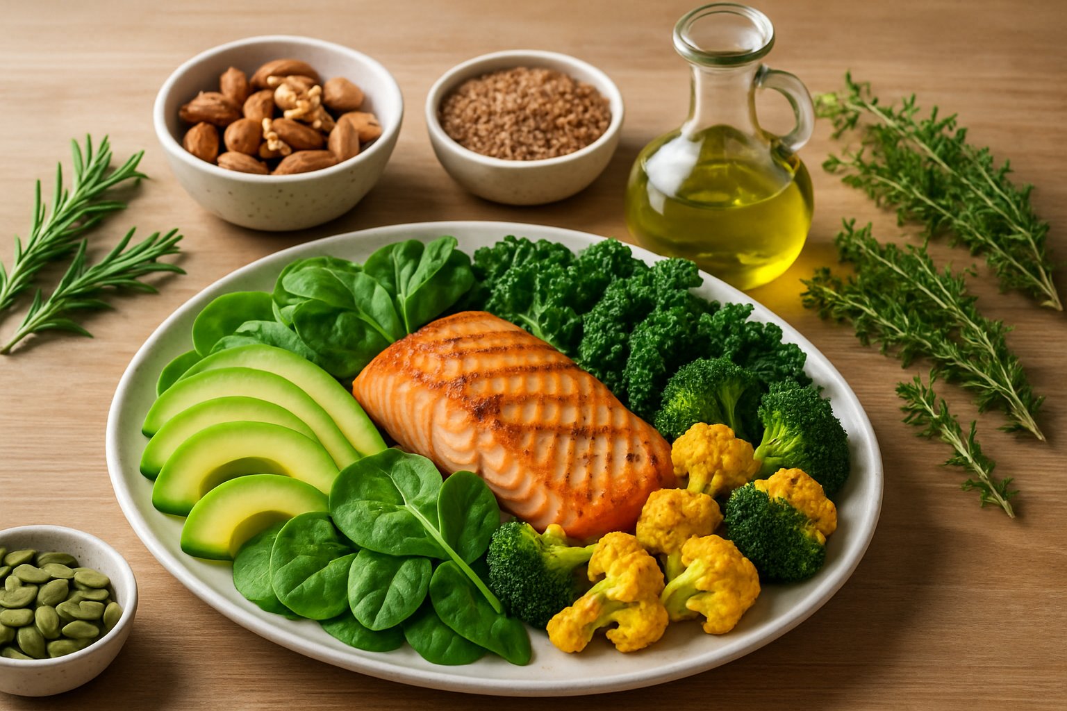 A table set with a variety of fresh keto foods including salmon, avocado, leafy greens, roasted vegetables, nuts, and herbs.