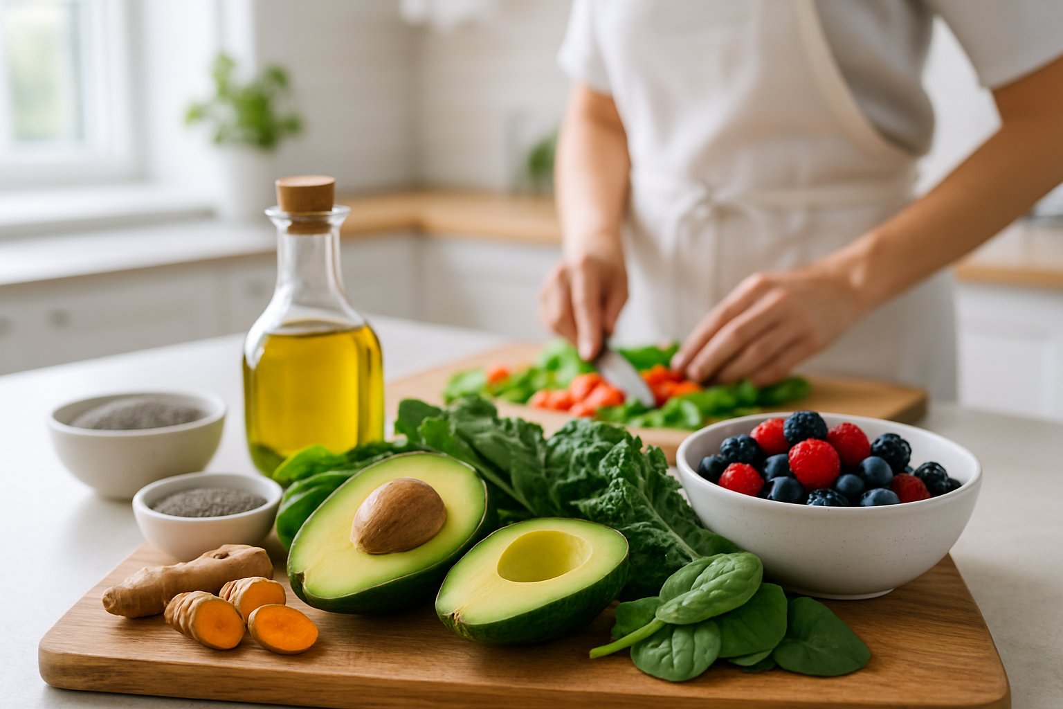 A kitchen scene with fresh keto ingredients like avocado, turmeric, leafy greens, nuts, and berries on a cutting board, with a person preparing a meal in the background.