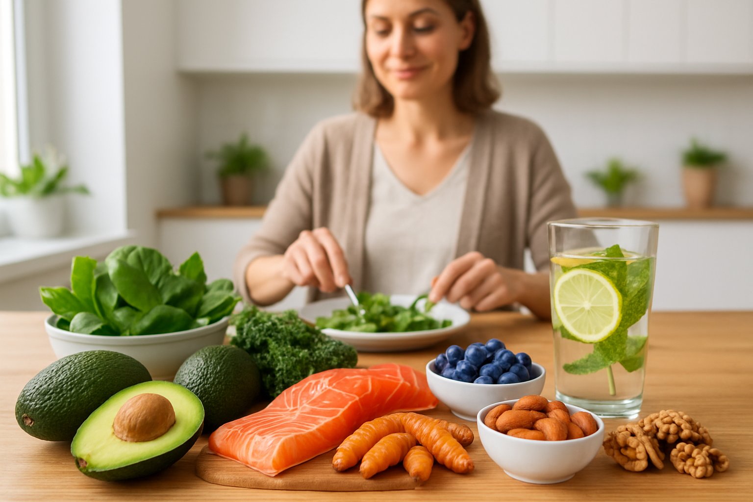 A kitchen table with fresh keto-friendly anti-inflammatory foods like salmon, avocados, leafy greens, nuts, turmeric, and berries, with a person preparing a healthy meal in the background.