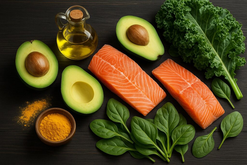A high-resolution image of anti-inflammatory keto foods (salmon, avocado, extra virgin olive oil, turmeric, leafy greens) arranged neatly on a dark wooden background, with soft studio lighting and clean, modern composition.