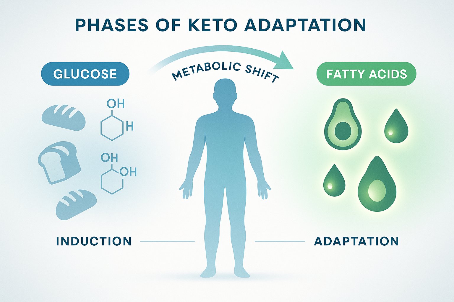 Person experiencing keto adaptation phases, illustrated with energy shift from carbs to fats, clean infographic style, modern, blue and green palette, high clarity.