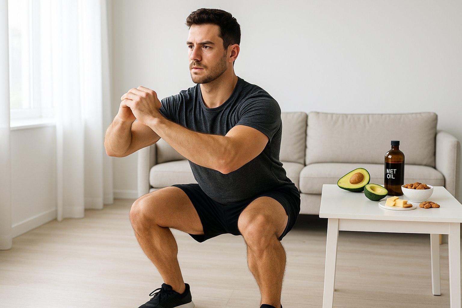 A fit beginner exercising at home in a bright, minimalist living room, performing a bodyweight squat, with subtle keto-themed elements (healthy fats, avocado, MCT oil) arranged neatly on a table in the background. Natural lighting, clean aesthetic, soft shadows, high contrast, modern fitness photography style.