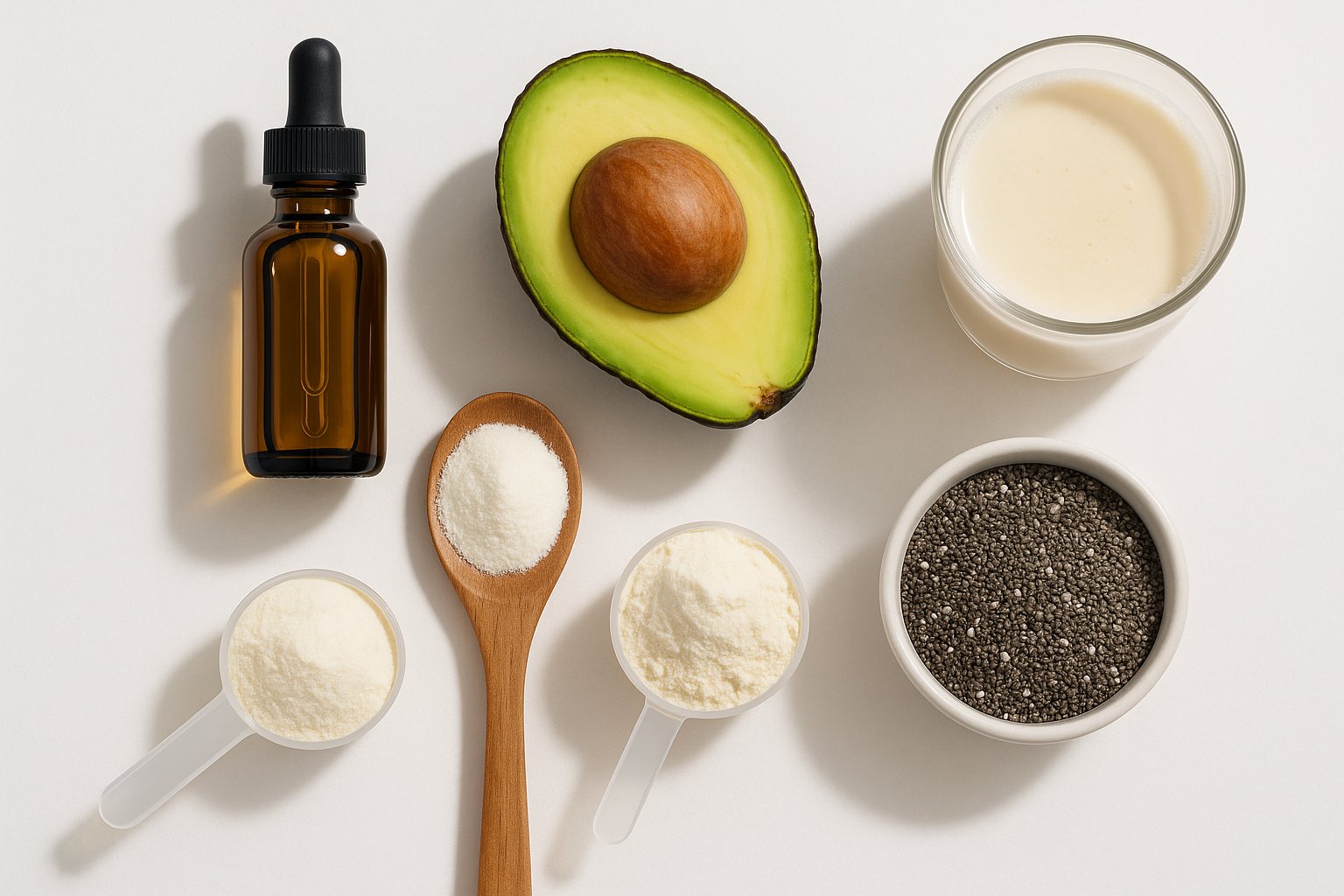 A modern flat-lay of keto meal replacement ingredients including MCT oil, collagen powder, avocado, whey isolate, chia seeds, and almond milk. Clean white background, soft shadows, crisp high-resolution style.
