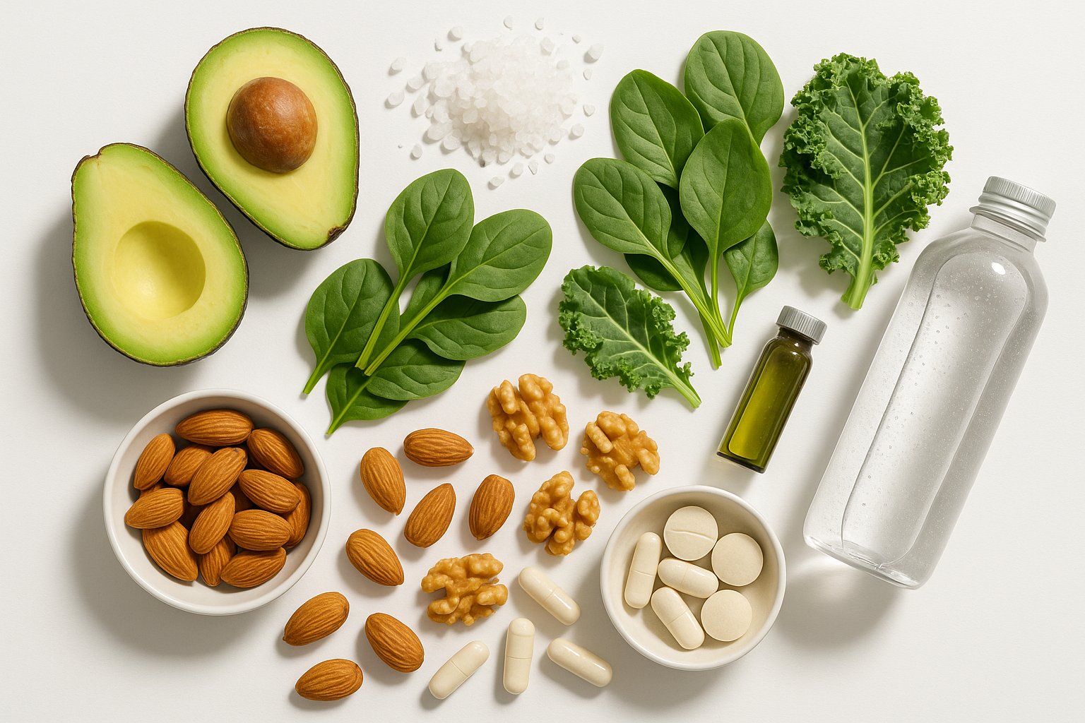 A clean, modern flat-lay image of keto-friendly electrolyte foods (avocado, leafy greens, nuts, salt), a water bottle, and supplements on a white background with soft natural lighting and a health-focused aesthetic.