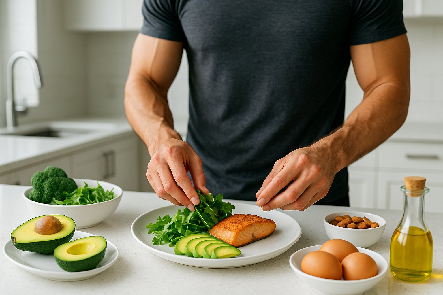 A fit adult preparing a balanced keto meal (greens, protein, avocado) in a bright kitchen, clean modern style, high resolution, minimal aesthetic.