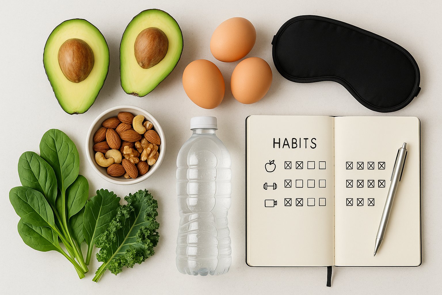 A clean flat lay of keto ingredients (avocado, eggs, nuts, greens), water bottle, sleep mask, notebook for tracking habits; neutral lighting; bright, modern aesthetic.