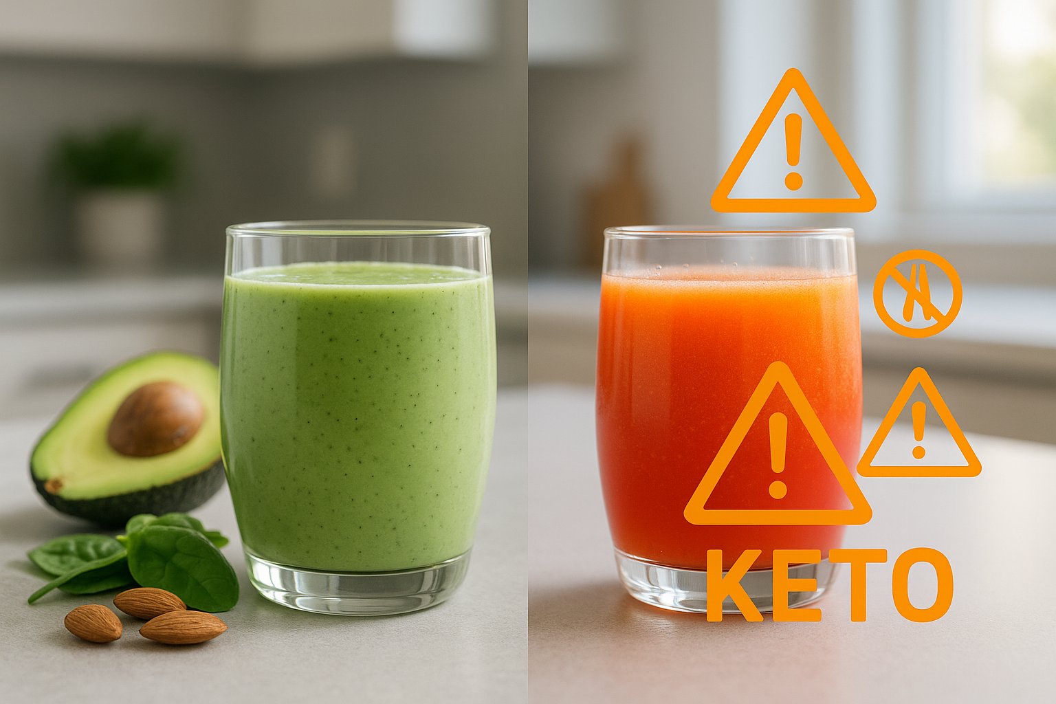Split image showing a thick green keto smoothie with avocado, spinach, almond milk on one side, and a bright fruit juice on the other side with keto warning symbols, clean modern kitchen background, natural lighting, high realism