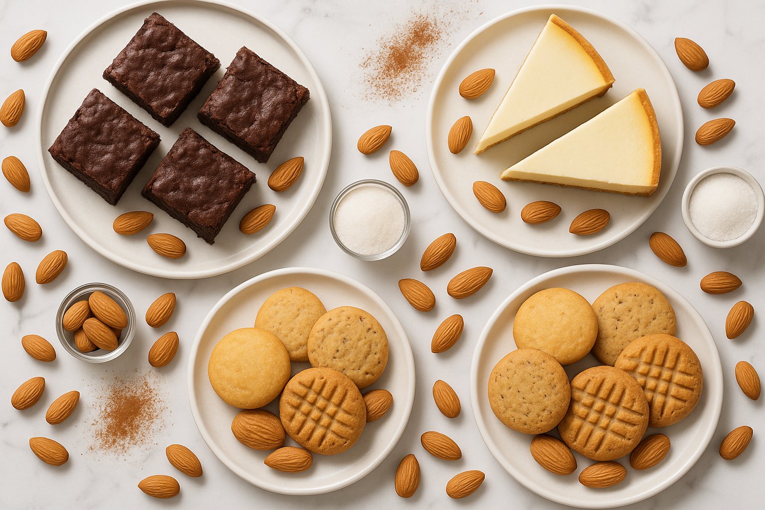A bright flat-lay of beautifully plated keto desserts including chocolate brownies, cheesecake, and keto cookies on a white marble table, with almonds, cocoa powder, and sugar-free sweetener visible, modern food photography, soft natural lighting.